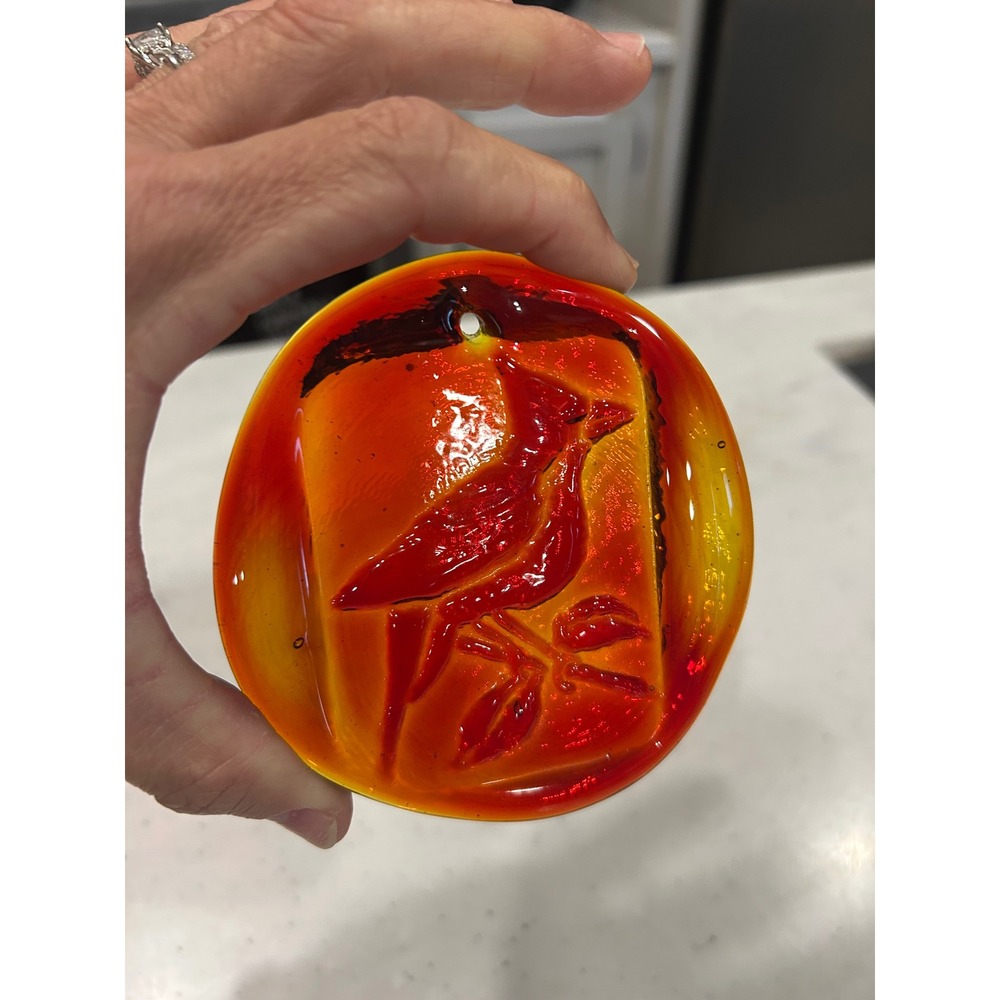 Red Cardinal Fused Art Glass Suncatcher Window Hanging Ornament Amber Yellow